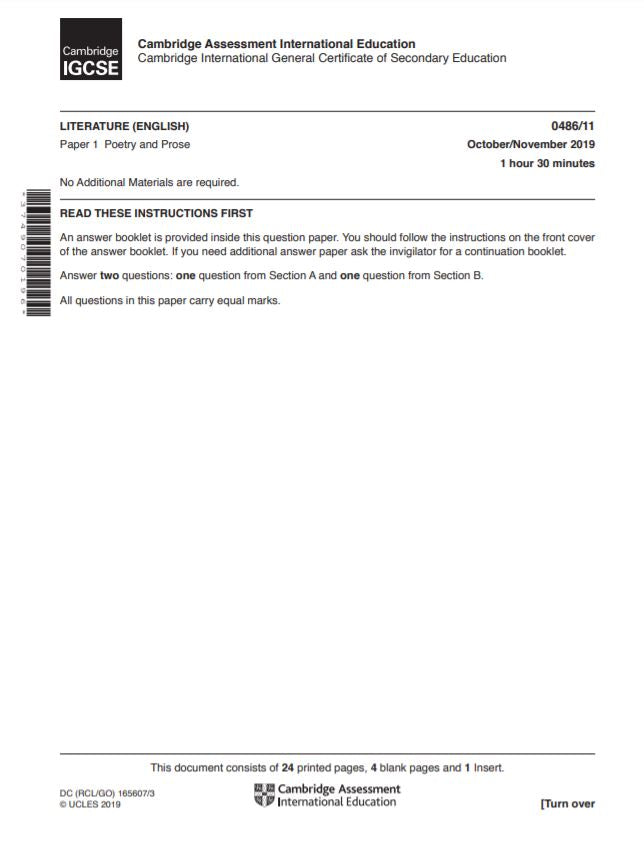 IGCSE Past Years Papers English Literature 0486 (Paper 1 + Answers) 3 Year Series